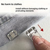 A hand installs an invisible pant hem clip onto a piece of fabric, demonstrating its ability to attach without damage.