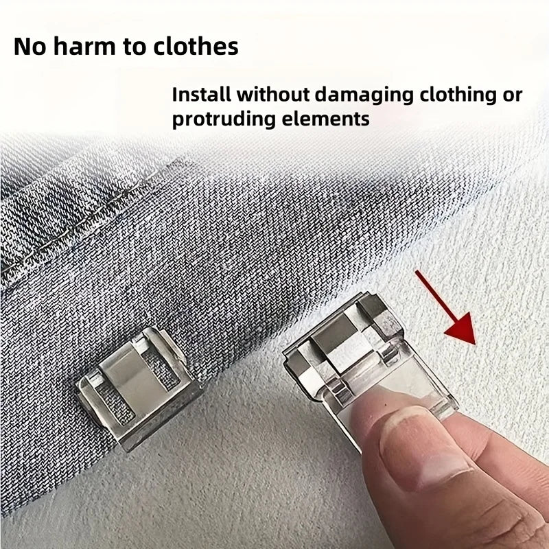 A hand installs an invisible pant hem clip onto a piece of fabric, demonstrating its ability to attach without damage.