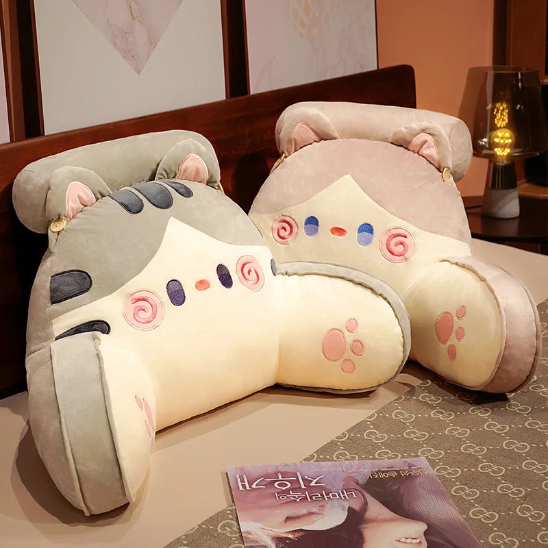 A light gray cat and dog plush backrest cushion resting on a surface.