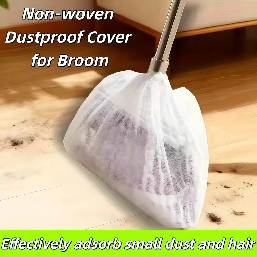 A white non-woven dustproof cover for a broom is shown on a wooden floor.