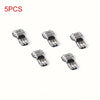 Five silver electrical wire connectors or terminals for quick snap-on wiring.