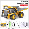 Yellow alloy dump truck toy set with remote control and battery components