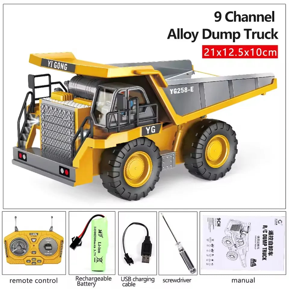 Yellow alloy dump truck toy set with remote control and battery components