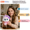 A smiling girl holds an interactive AI plush robot with LED eyes and a microphone, demonstrating expressive HD eyes and intel
