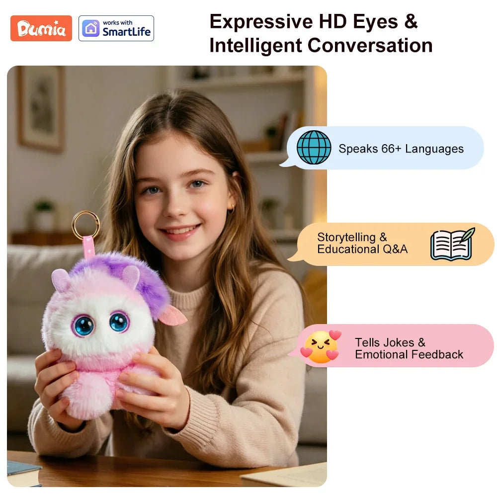 A smiling girl holds an interactive AI plush robot with LED eyes and a microphone, demonstrating expressive HD eyes and intel