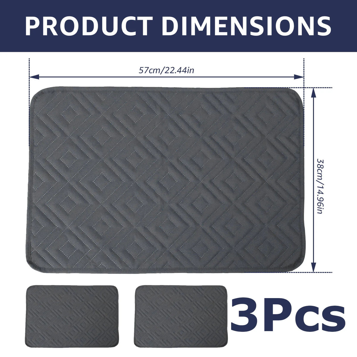 Three gray quilted headrest protector covers with dimensions shown.