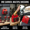 Red portable battery storage cases for 18V Li-Ion batteries shown in various mission contexts.