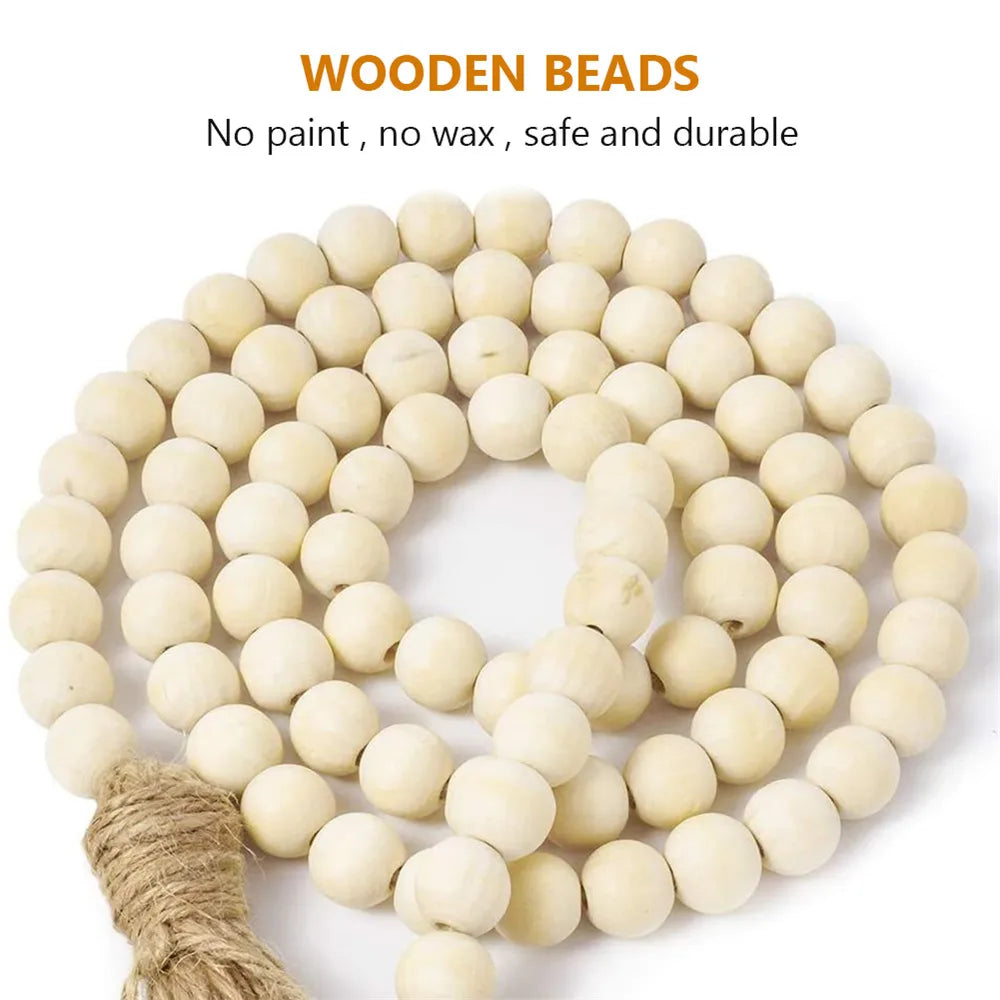 Handcrafted Natural Wood Bead Garland with Tassels for Boho & Farmhouse Decor