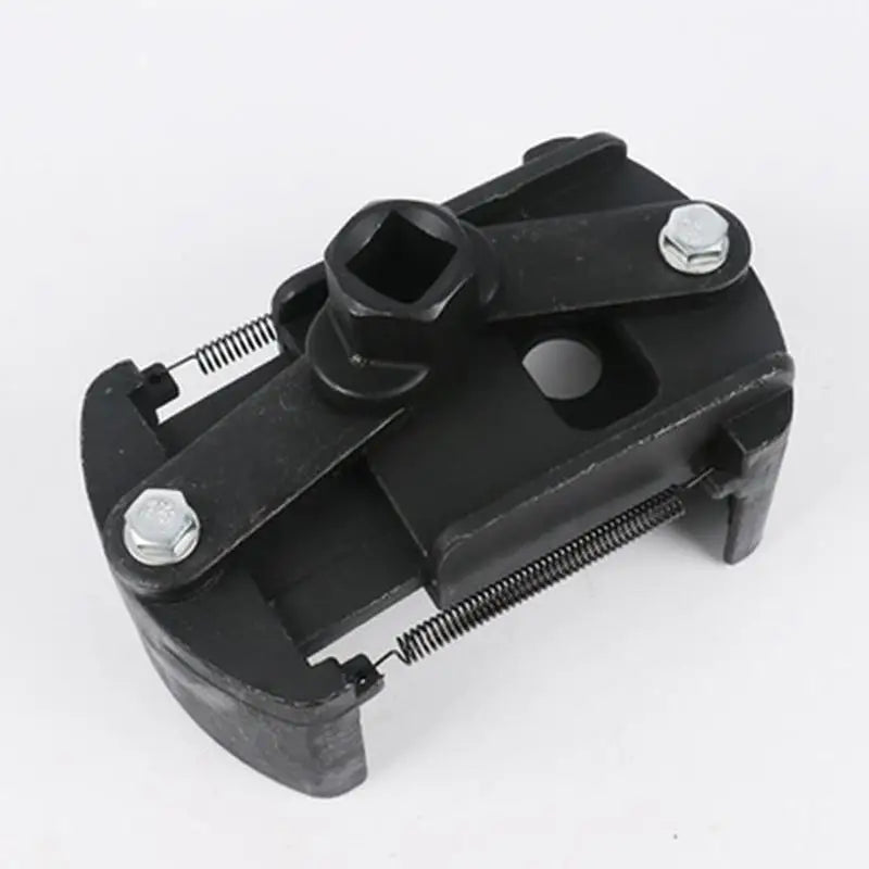 Black adjustable oil filter wrench with a two-jaw design and coiled springs