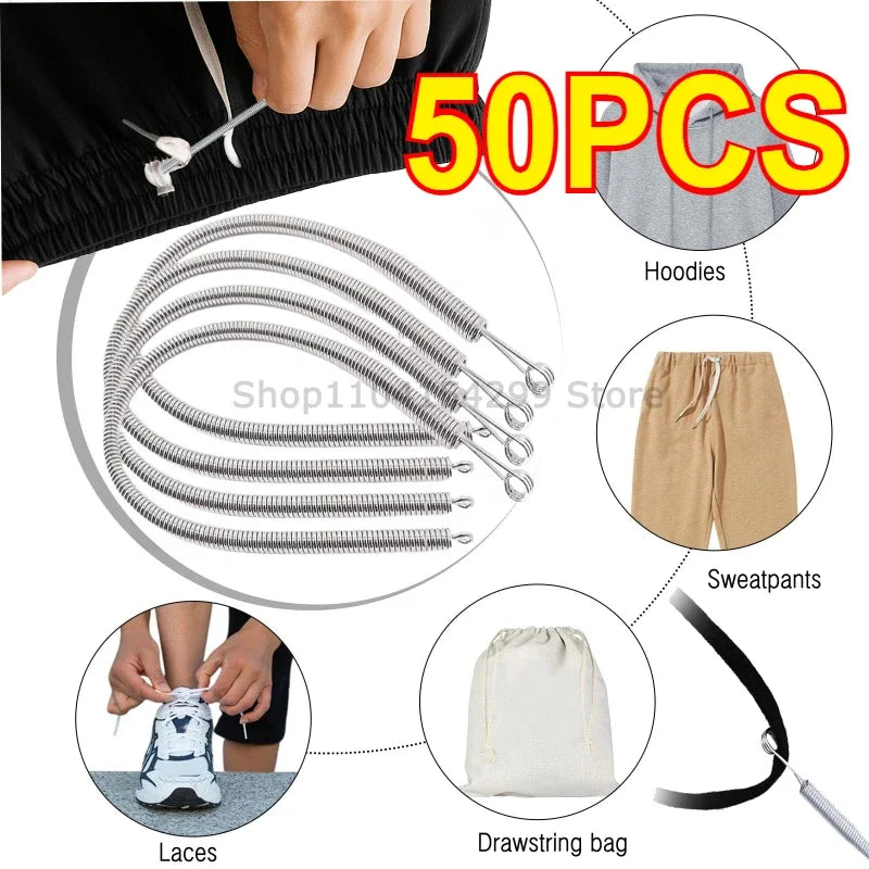 A set of 50 pieces of bendable drawstring threader tools used for clothing items like hoodies and sweatpants.