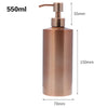 Rose gold stainless steel liquid soap dispenser bottle with a pump top and various dimension markings.
