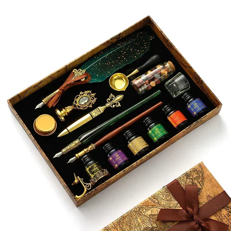 A vintage calligraphy fountain pen set with wax seal stamp kit displayed in a wooden box.