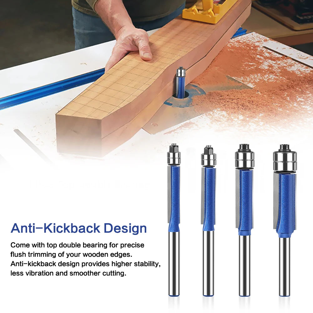 Flush Trim Router Bits with Dual Bearings – Set of 4 Sizes
