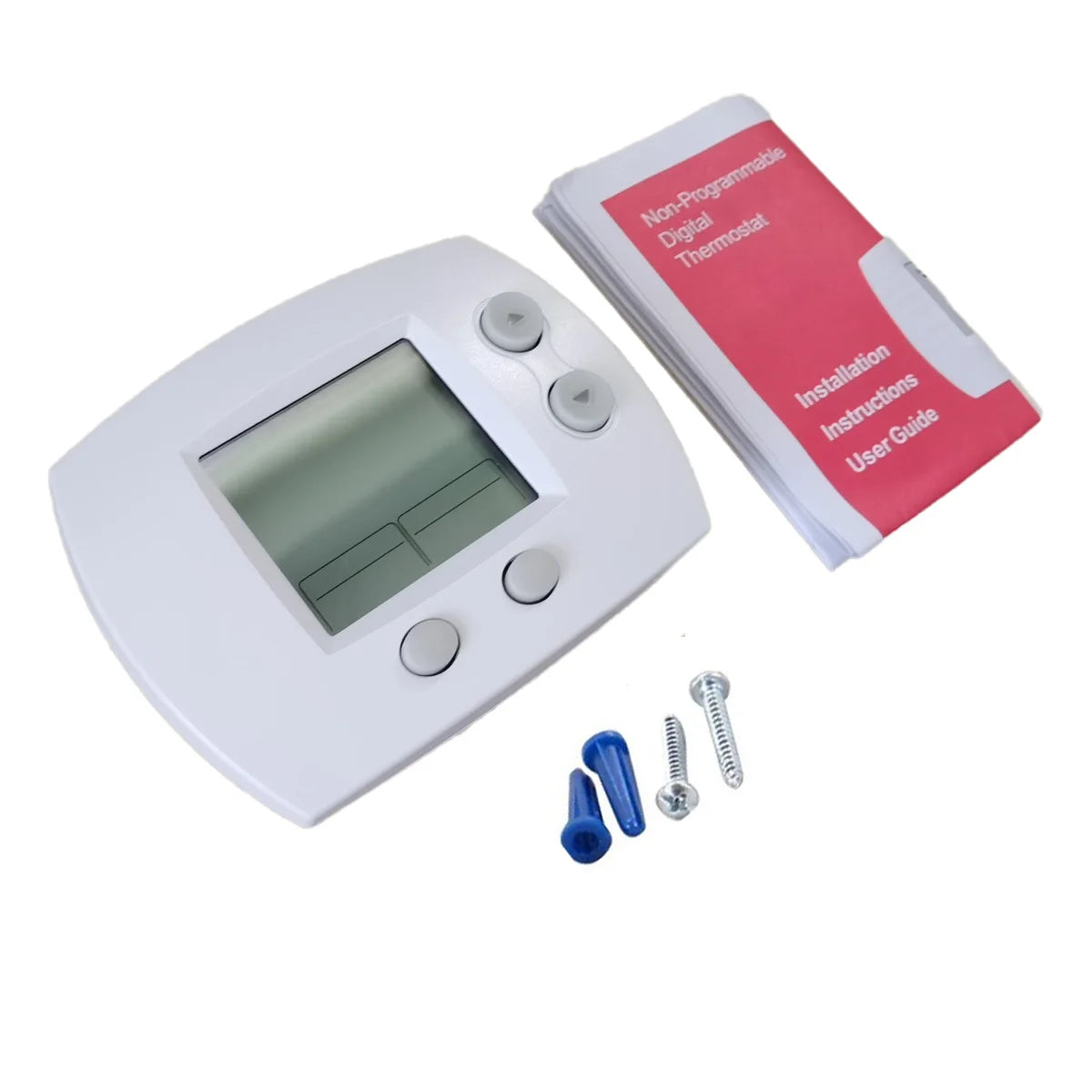 A white digital non-programmable thermostat with a large LCD display and installation instructions.