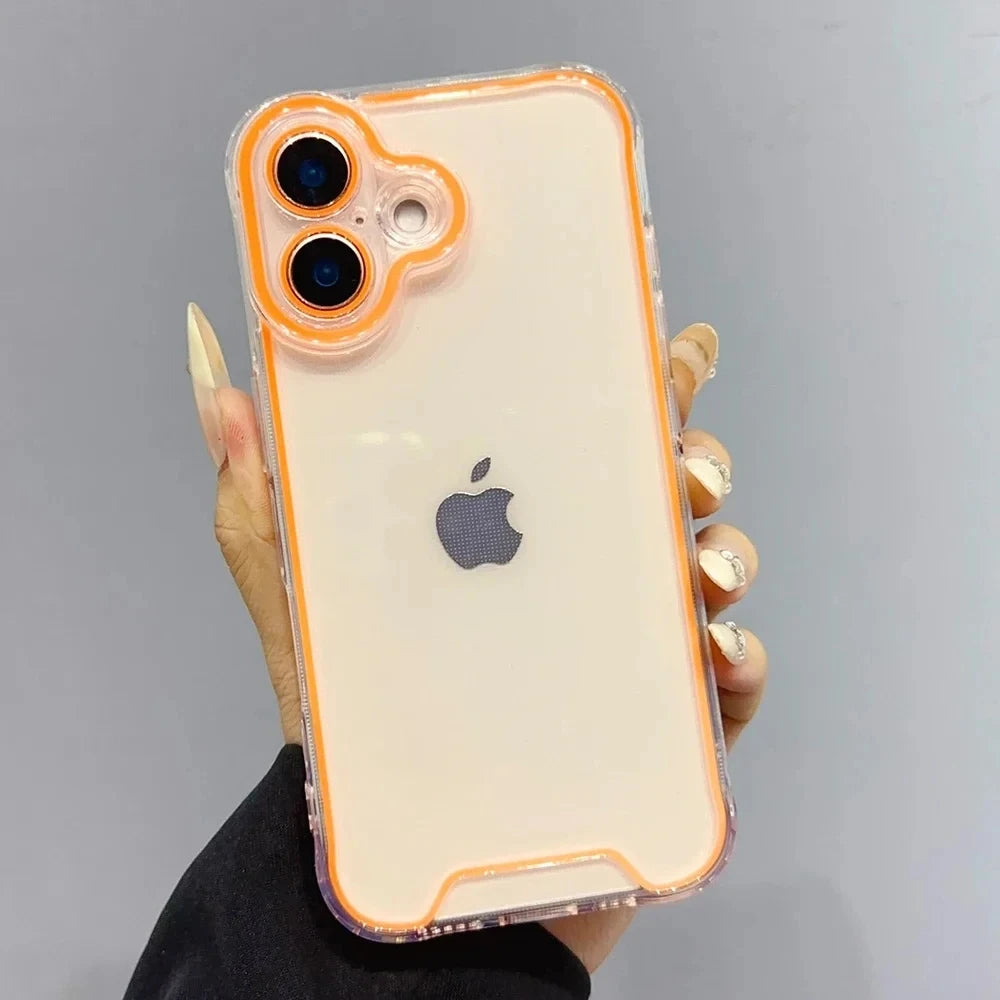 A hand holds a light yellow glow-in-the-dark neon clear phone case for an iPhone.