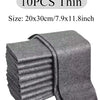 A stack of ten thin gray microfiber cleaning cloths.