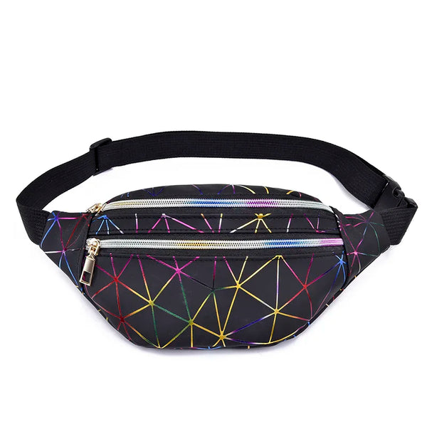 A black and neon geometric pattern PU crossbody waist pack bag with a gold zipper.
