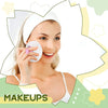 A woman applies loose powder makeup using a white puff on her face.