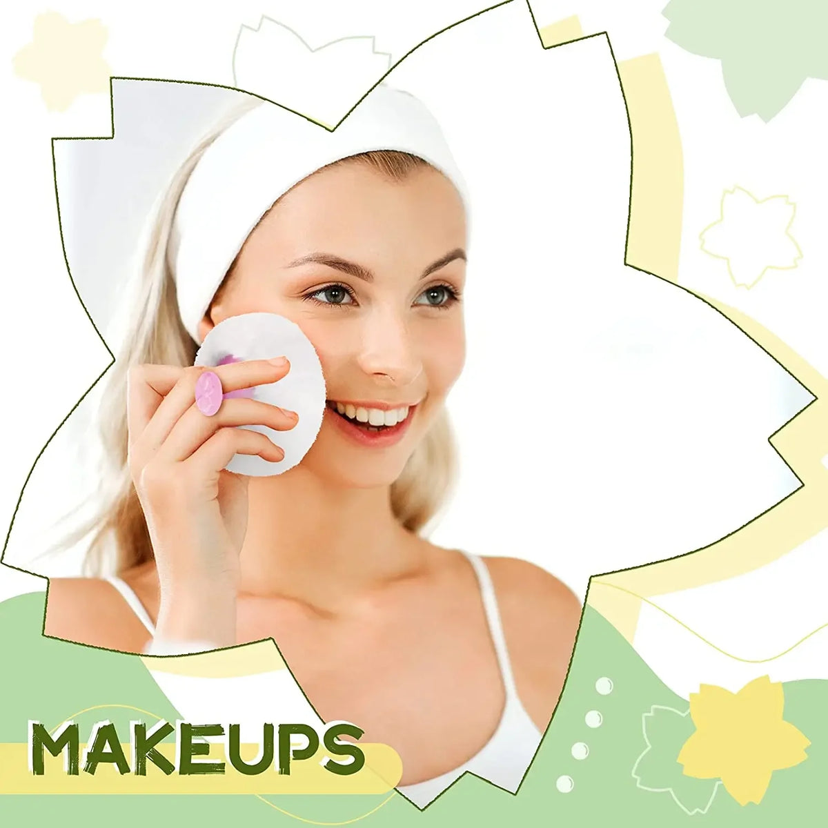 A woman applies loose powder makeup using a white puff on her face.