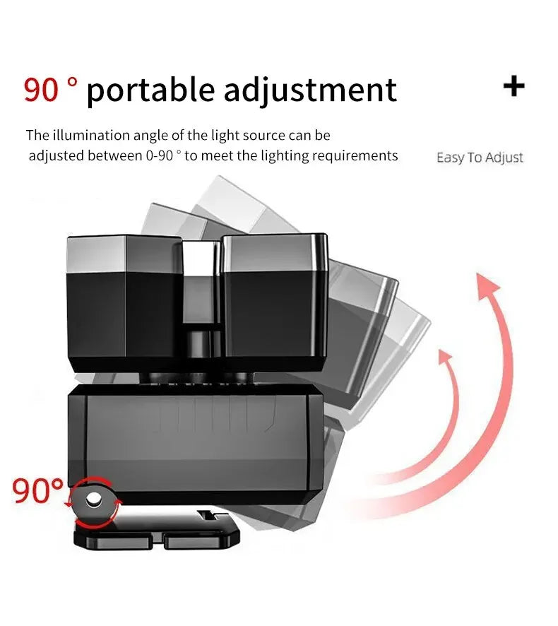 A black rechargeable LED headlamp showing a 90 degree portable adjustment feature.