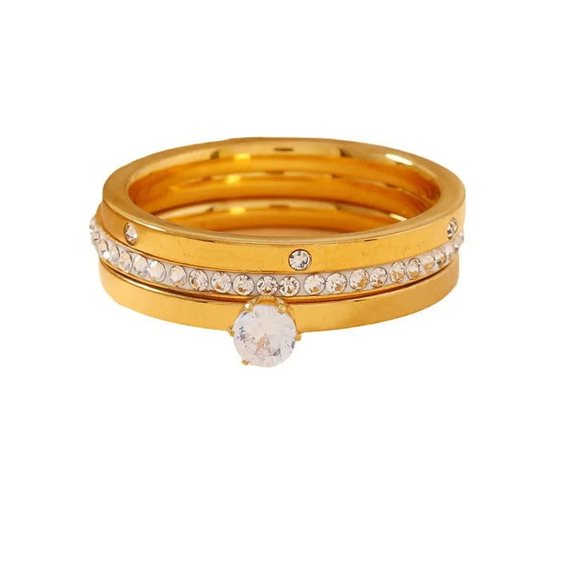 Three-Piece Stainless Steel Zircon Ring Set