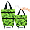 A lime green foldable rolling shopping bag with black handles and wheels.