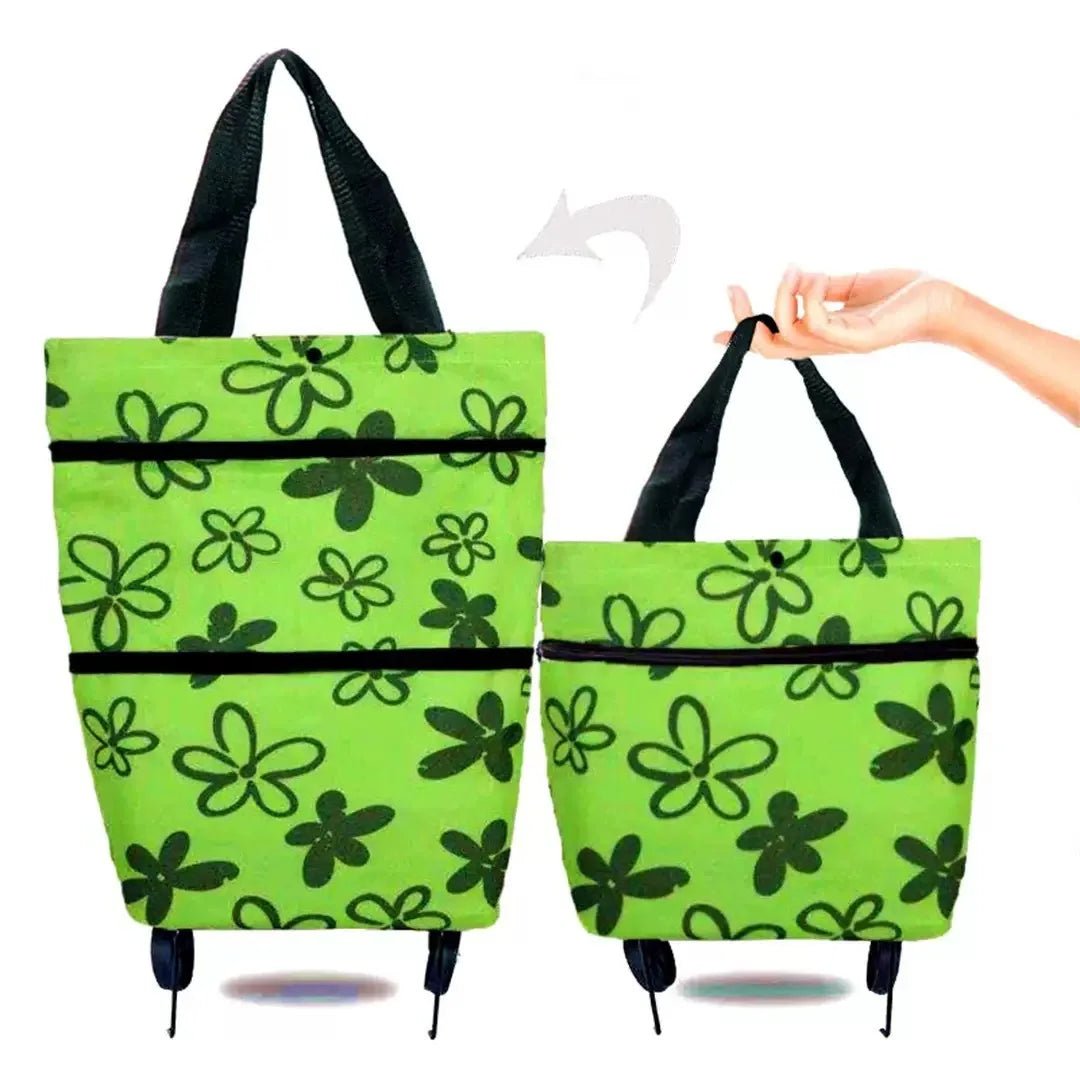 A lime green foldable rolling shopping bag with black handles and wheels.