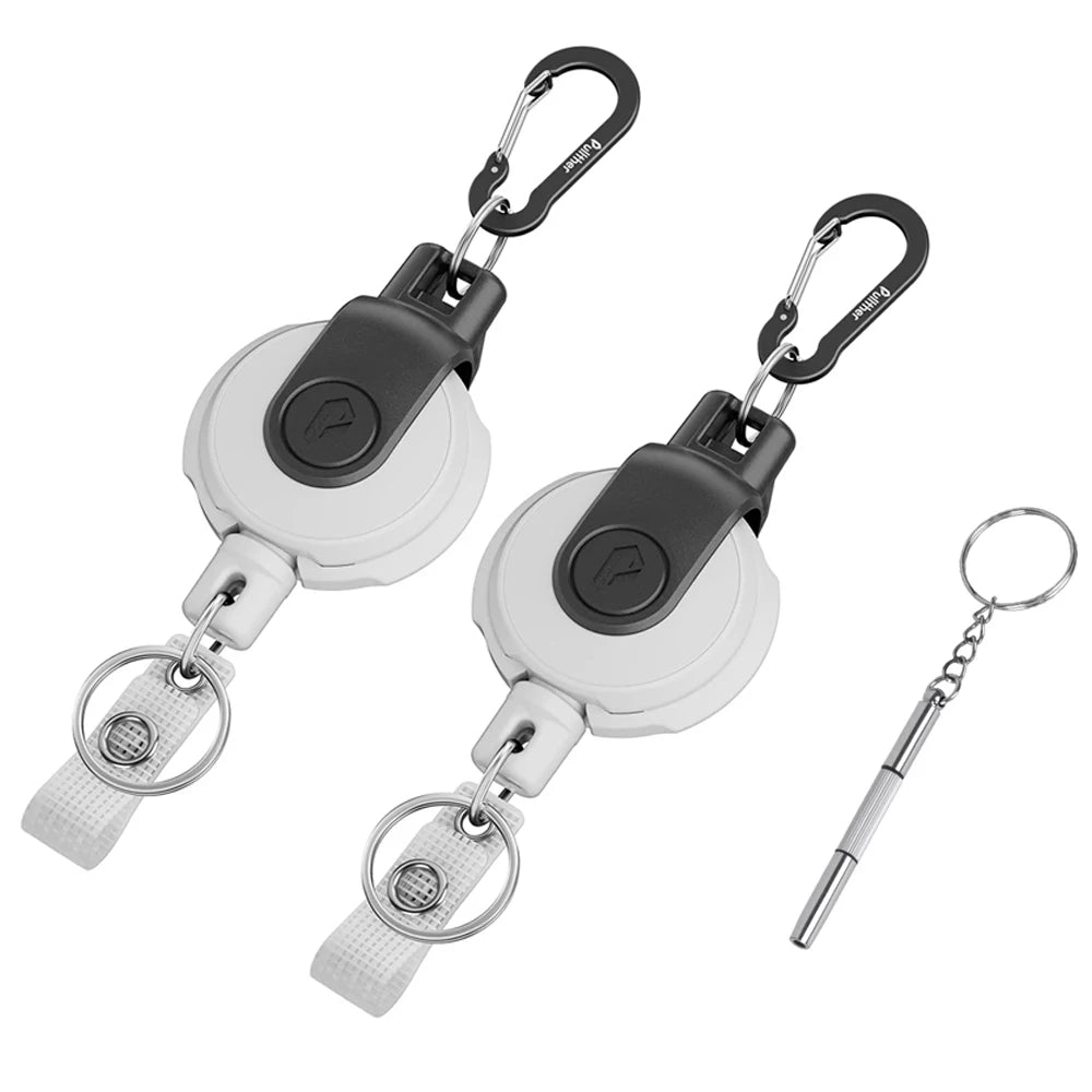 Une paire de clés USB rétractables noir et blanc avec attaches à mousqueton.