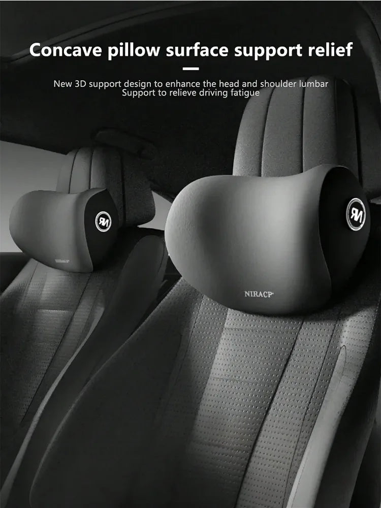 Black memory foam car headrest and lumbar support pillow set designed to relieve driving fatigue