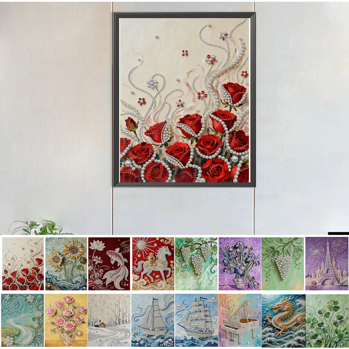 A collection of various pearl painting art kits featuring floral and nature designs on textured paper.