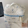 A white quilted cosmetic bag with blue bow print and a light blue trim resting on a white surface.
