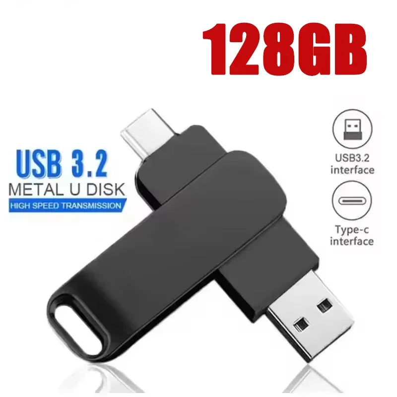 Black 128GB USB 3.2 Metal U disk with a Type-C interface connector.