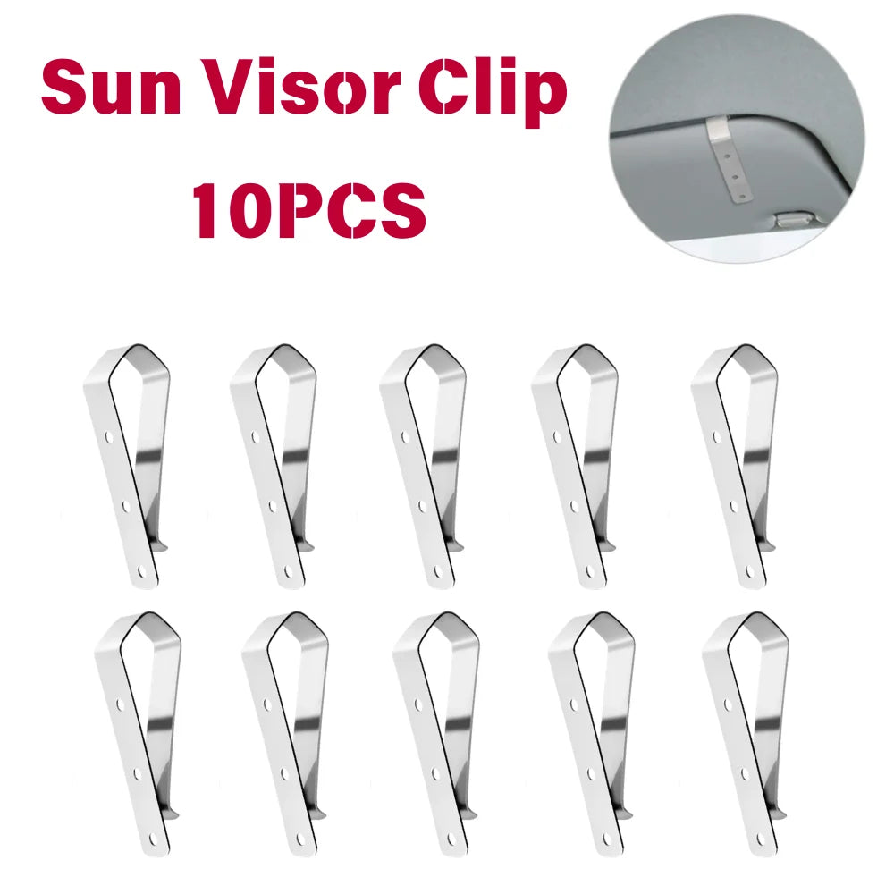 Ten silver sun visor clips for securing items