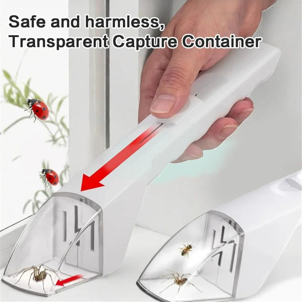 A hand is holding a clear, transparent capture container designed for safe and harmless insect trapping.