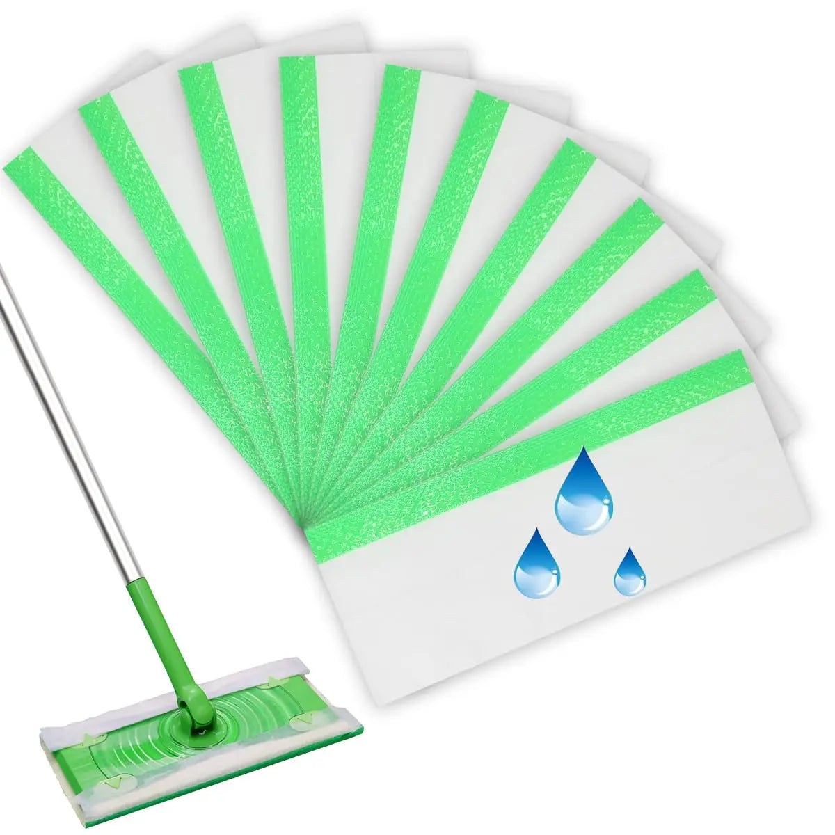 A white mop pad with green lavender scent is shown being used to apply water to a sheet of paper displaying a sunburst patter