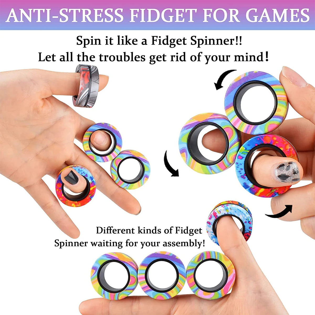 A hand holds several colorful magnetic fidget rings, demonstrating different kinds of fidget spinner assemblies.