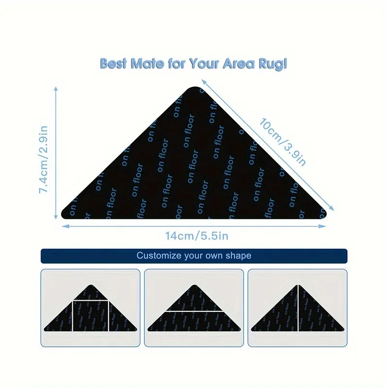 A triangular rug gripper designed to fit a specific area rug shape on hardwood floors or tiles.
