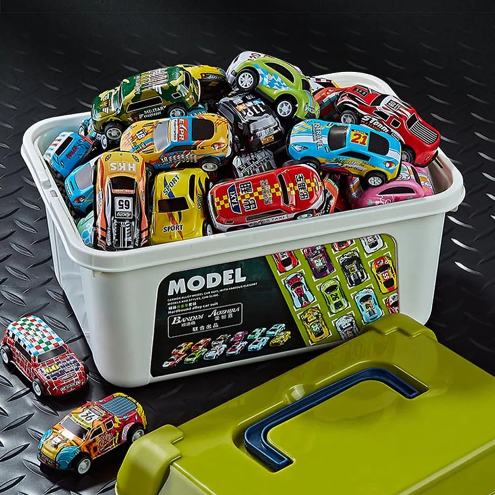 A collection of die-cast pull-back cars in various colors and models stored in a white plastic case.