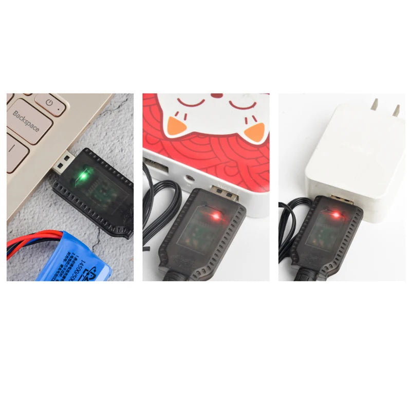 A set of smart charger cables and battery packs including a USB cable, a charging module, and two battery packs.