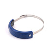A blue and silver universal dirt bike exhaust guard for a motorcycle.
