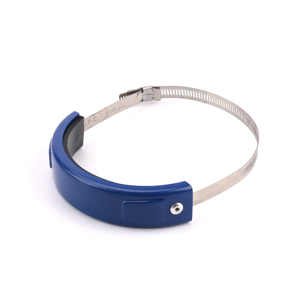 A blue and silver universal dirt bike exhaust guard for a motorcycle.