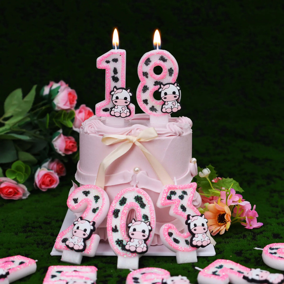 Cow Print Number Candles with Glitter Finish