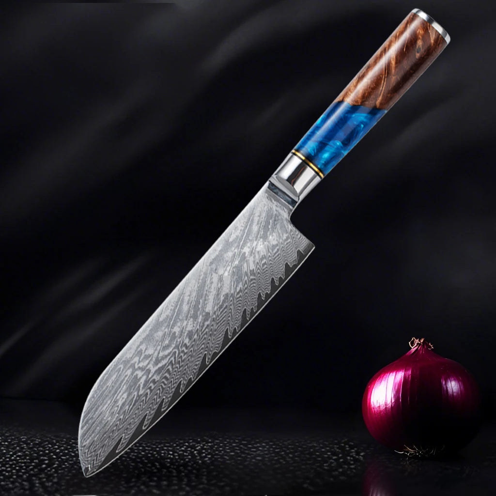 A close-up of a Damascus steel chef's knife with a wooden handle and blue metal accents against a dark background.