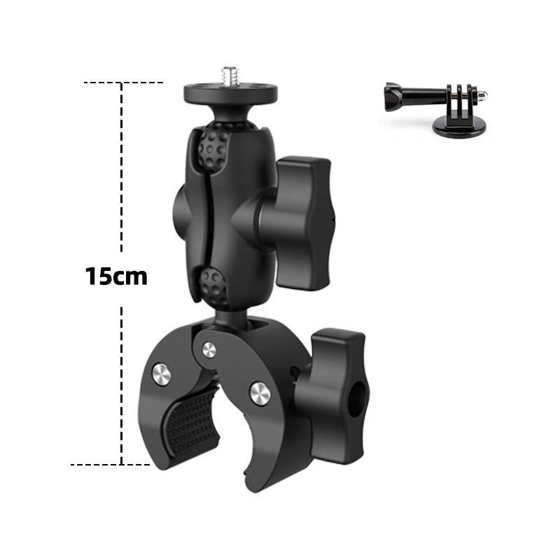 Black universal action camera clamp mount designed for bike and motorcycle handlebars.