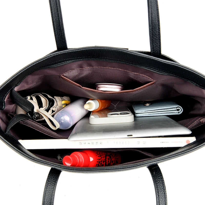 Genuine Leather Tote Bag with Multiple Pockets &amp; Zipper Closure