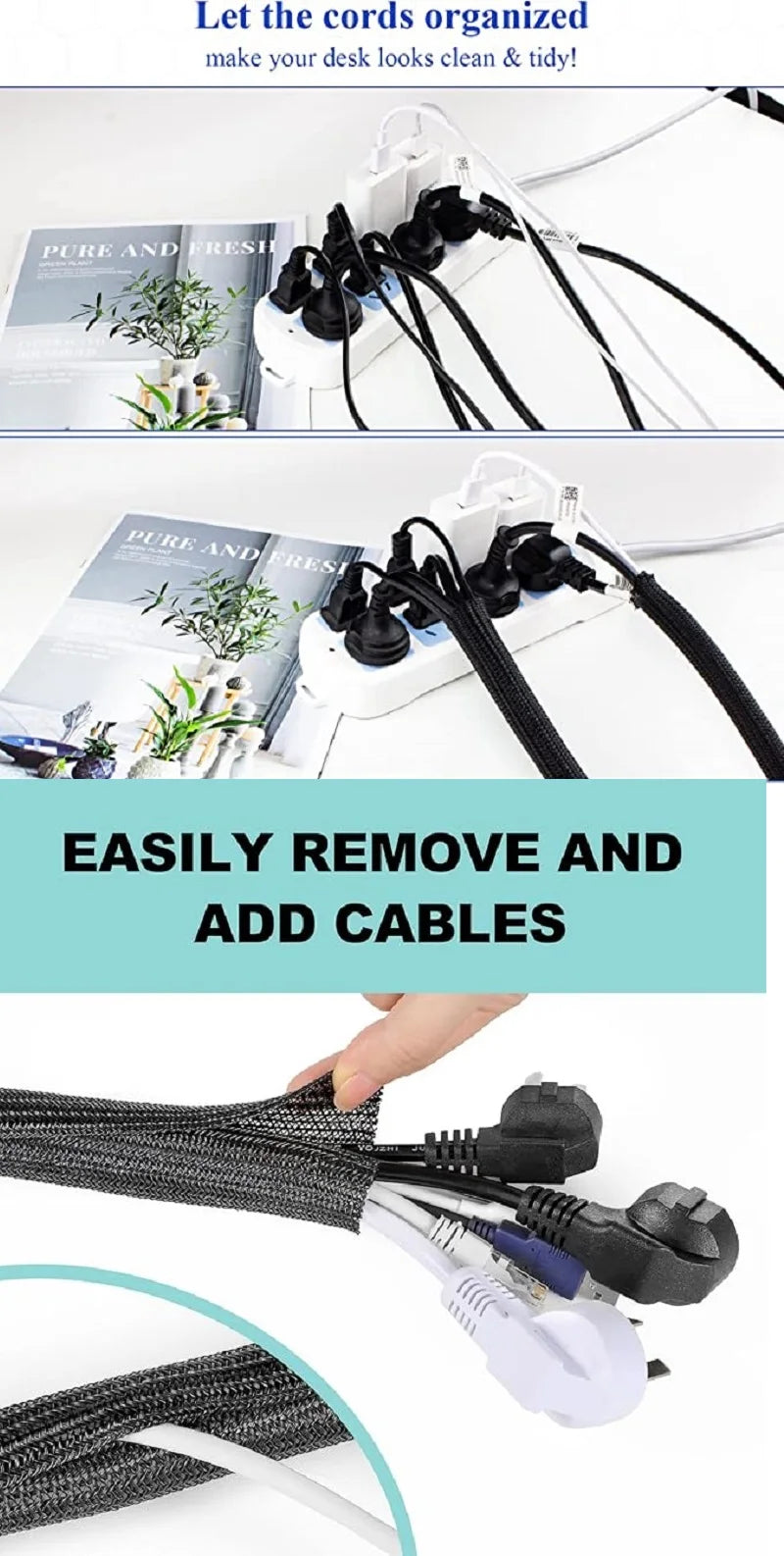 Expandable braided cable sleeve for organizing desk cords and cables.