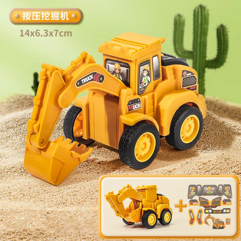 A yellow diecast truck construction vehicle set featuring an excavator and bulldozer for kids