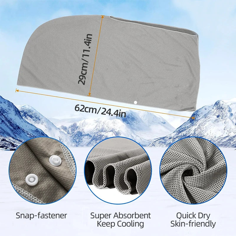 Gray evaporative cooling hoodie towel shown with close-ups of its snap fastener, absorbent material, and quick-dry skin-frien