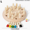 A wooden memory chess game with pieces and a board, showing various colors of wooden chess pieces.