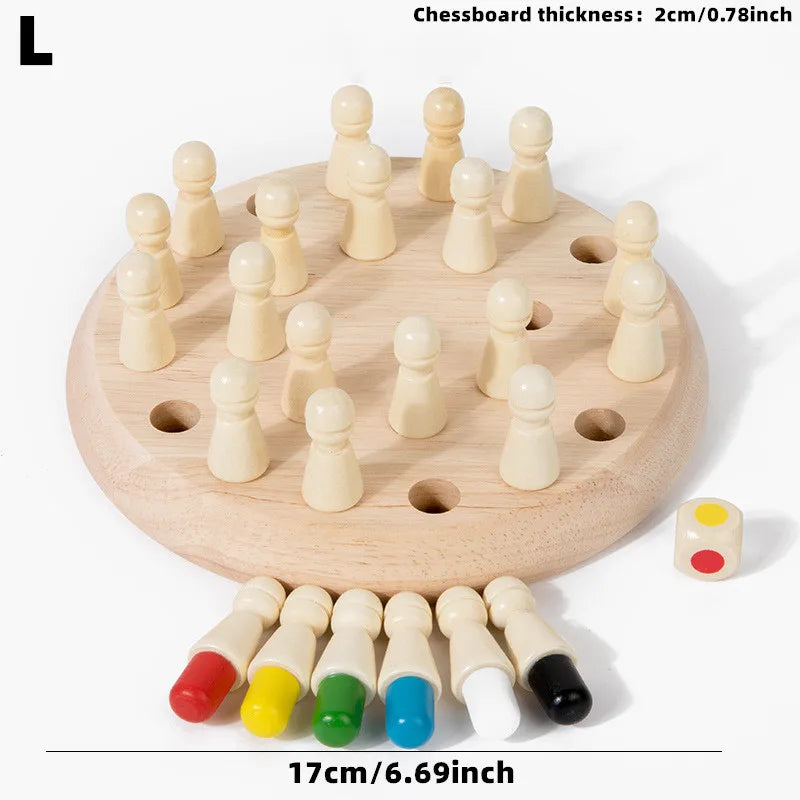 A wooden memory chess game with pieces and a board, showing various colors of wooden chess pieces.
